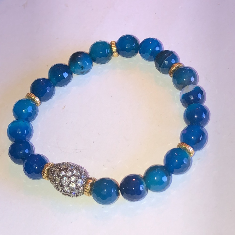 Blue Botswana Beaded CZ Rhinestones Boho Stretchy Bracelet - Picture 3 of 4